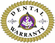 The image displays a graphic logo with text elements. At the top, there s a circular emblem featuring an intertwined snake and staff symbolizing medicine or healthcare, inside of which is a shield with the letters DENTAL prominently displayed in capital letters. Below this emblem, the word WARRANTY is written in all caps, followed by the phrase CORP. COM indicating a corporate website address. The background of the logo is white with a gold border and a purple ribbon across the top.